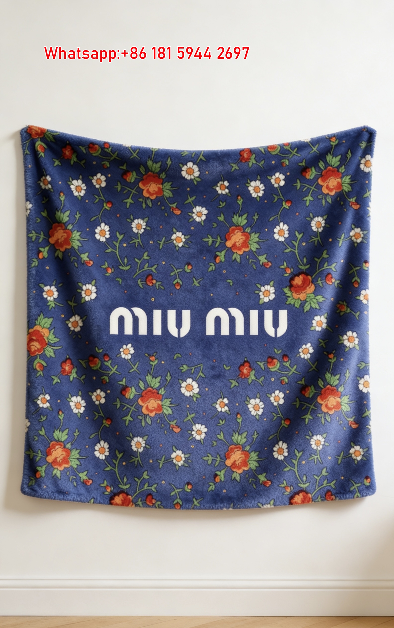 Miu Miu Floral Print Flannel Throw Blanket Vibrant Cobalt Blue with Orange & White Flowers IMG_0445